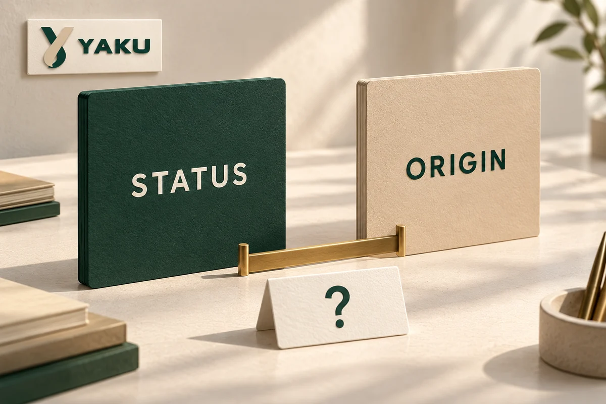 Separate green STATUS and beige ORIGIN cards beside an open question card and the approved YAKU logo.