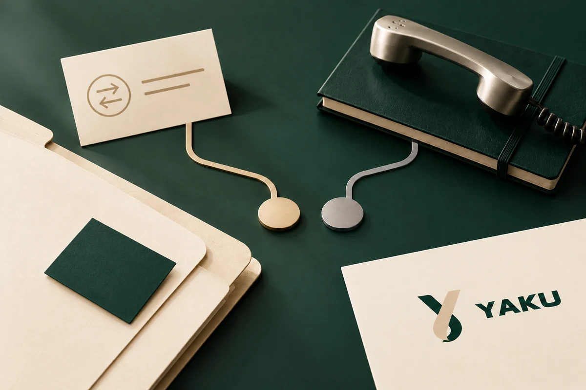 Two separate unconnected verification paths, an order folder and a telephone beside a YAKU card on a green desk.